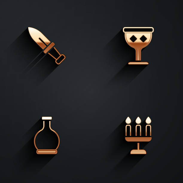 illustrations, cliparts, dessins animés et icônes de ensemble de poignard, gobelet médiéval, bouteille avec potion et icône de chandelier avec une longue ombre. vecteur - candlestick holder isolated candle medieval