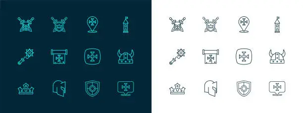 Vector illustration of Set line Castle tower, Medieval helmet, Crusade, Shield, Skull with sword and swords icon. Vector