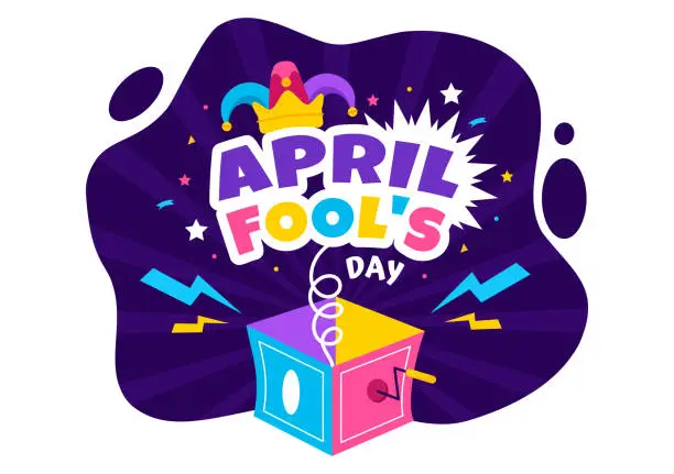 Vector illustration of Happy April Fools Day Celebration Illustration Wearing a Jester Hat and a Box Containing Surprises to Surprise People in Flat Cartoon Holiday