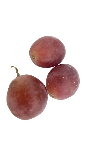 Close-Up Of Three Red Grapes On White Background. Top Angle