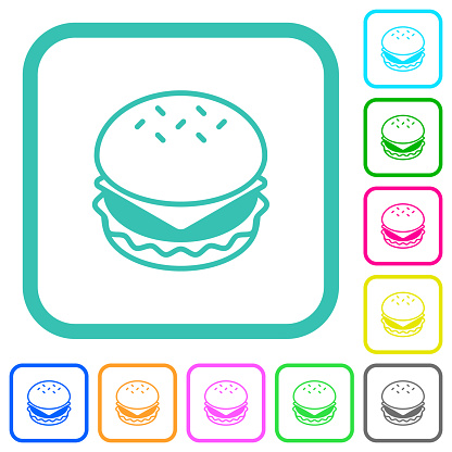 Cheeseburger vivid colored flat icons in curved borders on white background