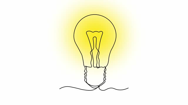 Self drawing animation with one continuous line draw a light bulb lights up, the idea