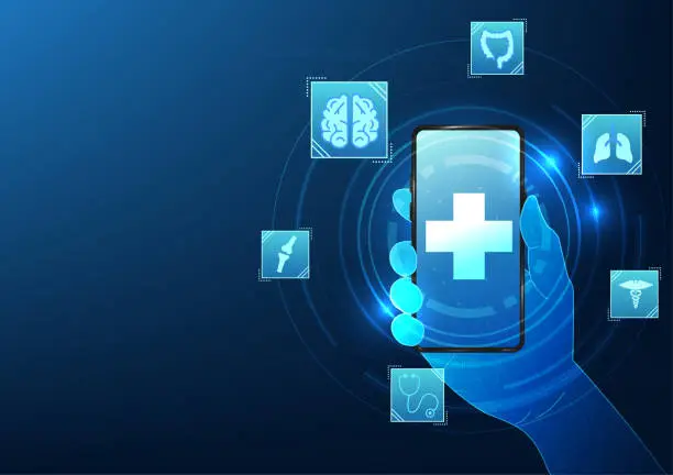 Vector illustration of Telemedicine medical technology background through smartphone showing medical icons Shows basic treatment of illnesses with a doctor, talking, and videoconferencing. to inquire about symptoms