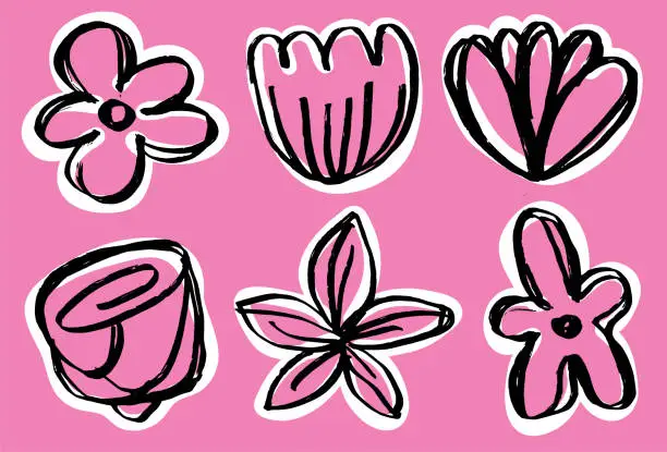 Vector illustration of Cute flowers doodle collage elements drawn with paint brush on pink background