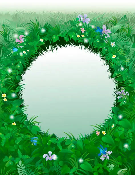 Vector illustration of Round frame of a pond on the background of a meadow with plants and flowers covered with dew