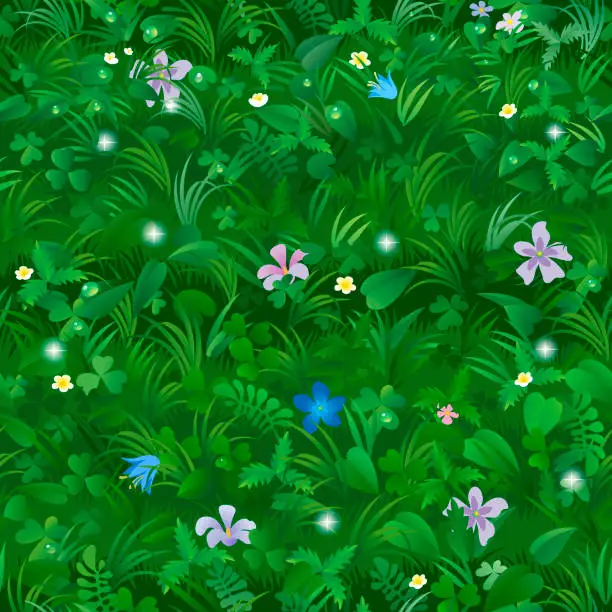 Vector illustration of Seamless pattern background of a green meadow with plants and flowers covered with dew