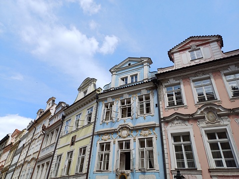 Prague, Czech Republic - June 9, 2023: Close up of houses at Old town of Prague city.