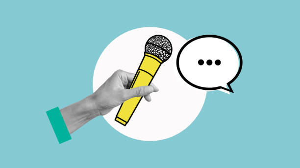 istock Collage with hand with microphone and speech bubble. Media interview, famous interview, interview. Dialogue, chat, dialogue, podcast, Journalist, Journalism, Media 1894188720
