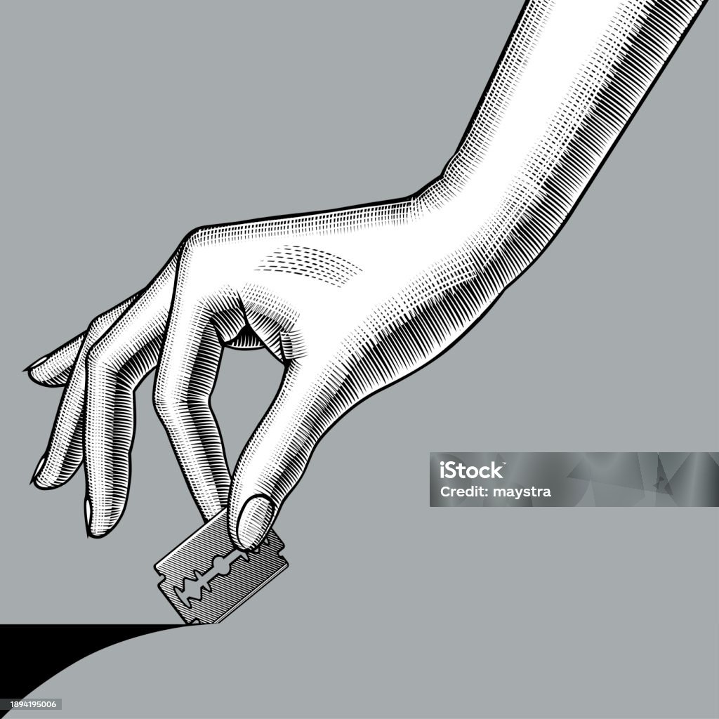 Hand Cut With Razor Female Hand Cutting The Surface With A Razor Blade Stock Illustration ...