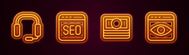 istock Set line Headphones, SEO optimization, Stacks paper money cash and Personal information collection. Glowing neon icon. Vector 1894209407