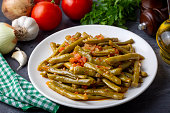 Traditional delicious Turkish food; Green beans with olive oil; Turkish name; Zeytinyagli taze fasulye