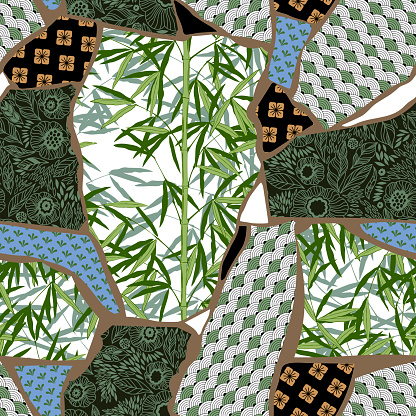Seamless pattern background with fragments of broken ceramics with green bamboo and oriental ornaments. Kintsugi decoratiwe background. Vector illustration