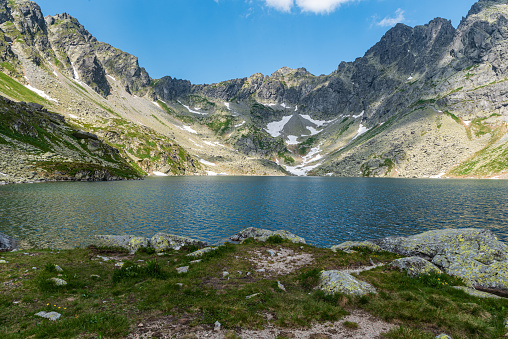 Velke Hincovo pleso lake with peaks above in High Tatras mountains in Slovakia