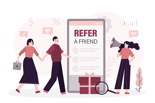 Refer a friend concept. Woman sharing referral code. Refer and earn. Business partnership strategy. Businesswoman use loudspeaker for marketing and promotion campaign social media. vector illustration