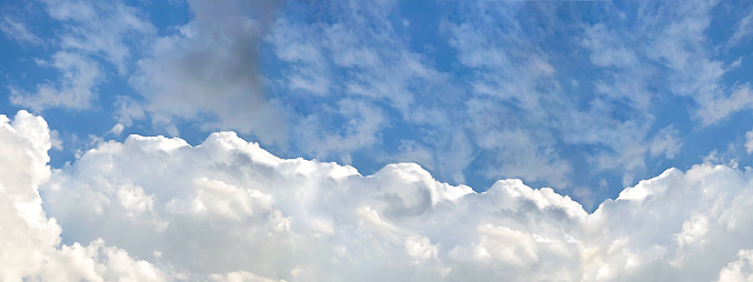 Cloud sky banner. Background fluffy white clouds panorama.