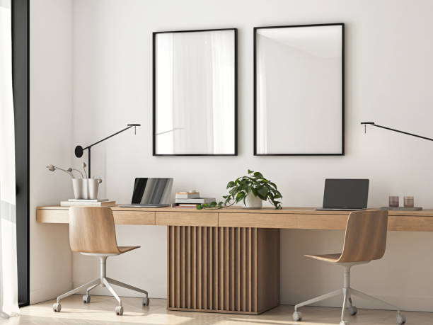 istock Frame mockup, ISO A paper size. Home Office wall poster mockup. Interior mockup with office background. Modern interior design. 3D render 1894324298
