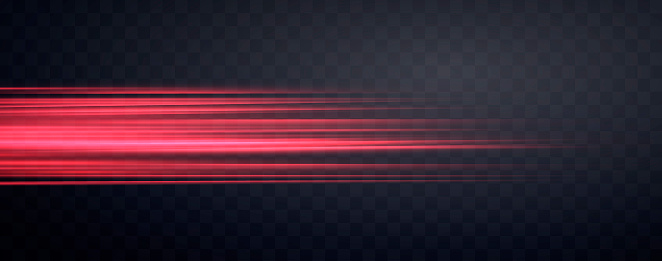 Speed rays, velocity light neon flow, zoom in motion effect, red glow speed lines, colorful light trails, stripes. Abstract background, vector illustration