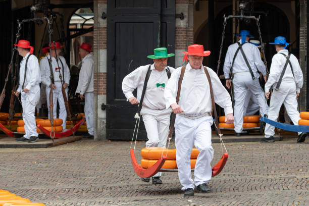 Carriers walking with cheese at a famous Dutch cheese market in Alkmaar, The Netherlands Carriers walking with cheese at a famous Dutch cheese market in Alkmaar, The Netherlands. The event is traditionally perforemed every weekend in the Waagplein square. cheese dutch culture cheese making people stock pictures, royalty-free photos & images