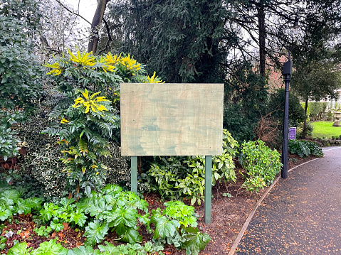 Blank sign in a flowerbed in a park in Norwich. December 2023