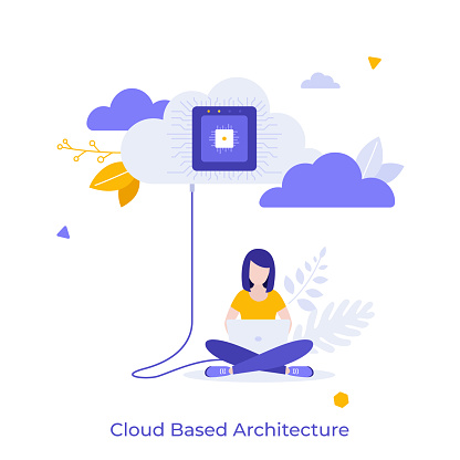 Woman sitting cross-legged and working on laptop computer connected to microchip. Concept of cloud based architecture for data storage and computing. Modern flat vector illustration for poster, banner.