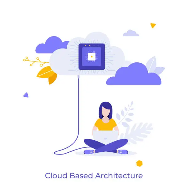 Vector illustration of Woman sitting cross-legged and working on laptop computer connected to microchip. Concept of cloud based architecture for data storage and computing. Modern flat vector illustration for poster, banner.