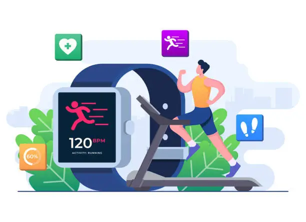 Vector illustration of Male character running on a treadmill, Smartwatch health tracker, Smart working, Training, Sports exercises, Monitoring heart rate