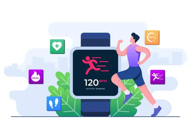 Vector illustration of Runner monitoring his heart rate in smartwatch, Workout, Fitness and health concept, Fitness app, wrist-worn device, Training, Sports exercises