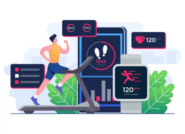 Vector illustration of Smartwatch fitness tracker concept flat illustration vector template, Man character running on a treadmill, Smart working, Training, Sports exercises, Monitoring heart rate, Gadgets and devices