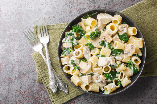 Creamy pasta with chicken meat, fried mushrooms, garlic, cheese and spinach close-up in a plate on the table. Horizontal top view from above