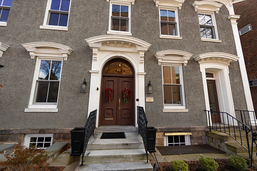 Doylestown, Pa. USA, Dec. 29, 2023: entrance to a Federal style house in Doylestown, Pa. USA