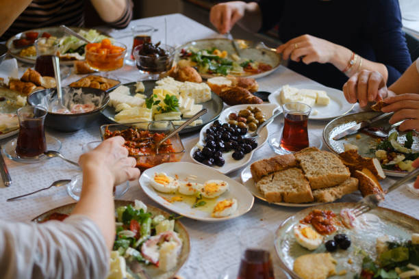 Families enjoying breakfast together. Turkish breakfast