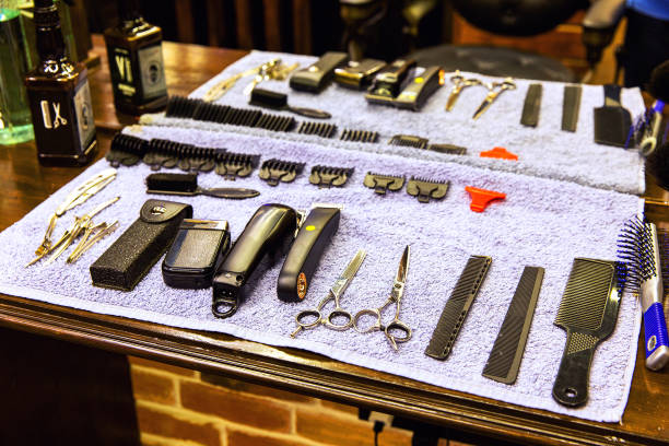 istock Barber tools on wooden shelf at the barber shop 1894421826