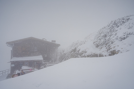 Snowing wood house