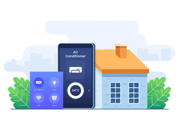 Vector illustration of Smart home application concept, Home automation, Controlling air conditioner using a smartphone, Remote home control technology, house technology system with wireless centralized control