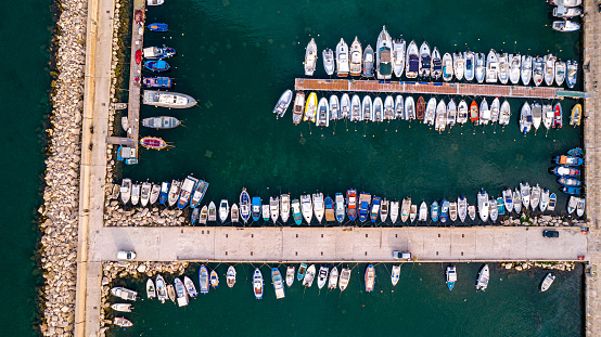 Sicily 2023. Aerial view of small boats moored in the tourist port of the city of Trapani. July 2023 Trapani, Italy