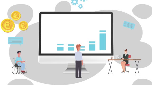 Small People in front Computer Screen with Business Graph animation. Employee working in developing their enterprise, making money online. Concept animation