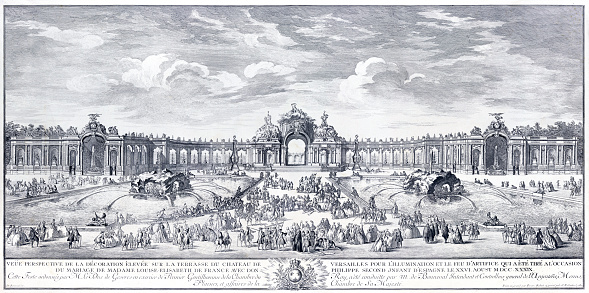 High resolution quality scan of steel engraving from 1741
Perspective view of the terrace at Versailles on the occasion of the marriage of Louise Elisabeth of France with Don Philip of Spain in August 29,1739.

TEXT :
