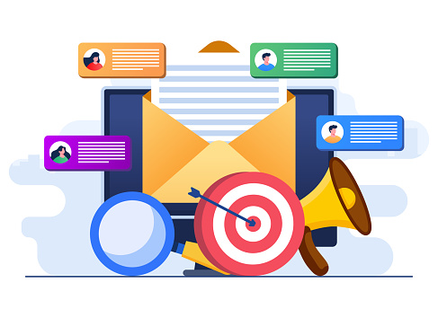 Flat-style vector illustration of Email marketing flat illustration vector concept, Online business strategy, Advertising, Email newsletter, messaging, Marketing material concept for website banner, online advertisement, marketing material, business presentation, poster, landing page, and infographic