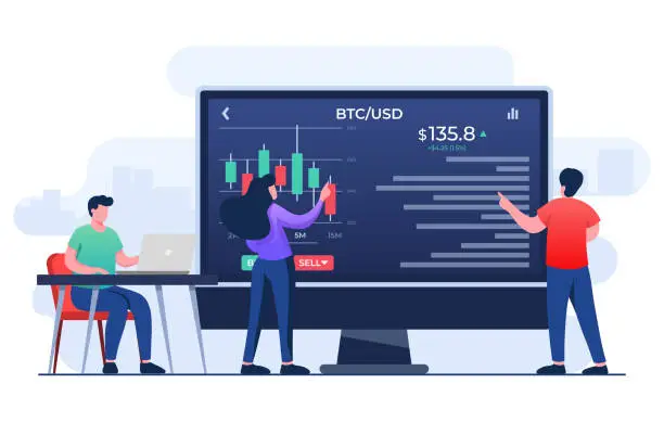 Vector illustration of Bitcoin rising, Cryptocurrency trading and growing concept flat illustration vector template, Stock exchange, Investment, Digital web money, candlestick chart, Profit from currency exchange services