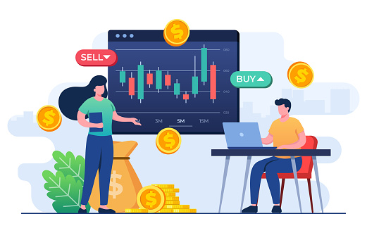 Flat-style vector illustration of People analyzing candlestick charts and Stock market statistics, Stock trading, Economic growth, Business investment, Stock market trends, Technical analysis strategy, Business profits calculation concept for website banner, online advertisement, marketing material, business presentation, poster, landing page, and infographic