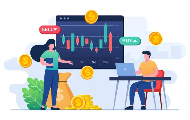 Vector illustration of People analyzing candlestick charts and Stock market statistics, Stock trading, Economic growth, Business investment, Stock market trends, Technical analysis strategy, Business profits calculation