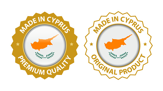 Made in Cyprus. Vector Premium Quality and Original Product Stamp. Glossy Icon with National Flag. Seal Template