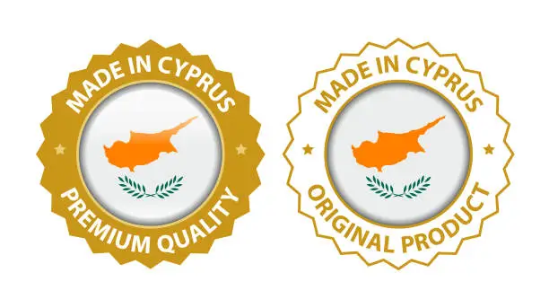 Vector illustration of Made in Cyprus. Vector Premium Quality and Original Product Stamp. Glossy Icon with National Flag. Seal Template