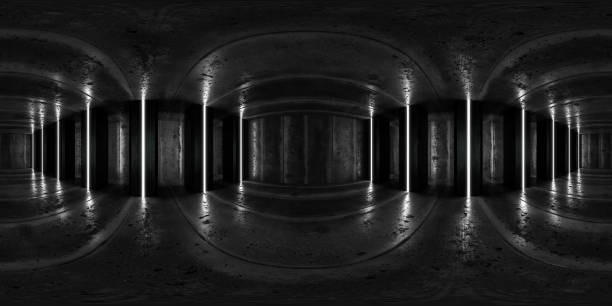 360 degree full panorama environment map of dark industrial concrete basement. 3d render illustration hdri hdr vr virtual reality content with led lights and futuristic worn dirty conrete industrial design