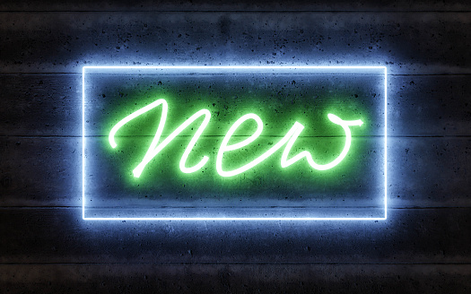 neon sign with the word new written in hand written letters on a concrete wall 3d render illustration. with retro 50s design light night life club bar lounge shop store concept opening hours business concept