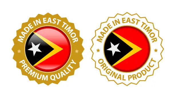 Vector illustration of Made in East Timor. Vector Premium Quality and Original Product Stamp. Glossy Icon with National Flag. Seal Template