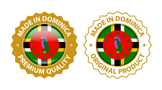 Made in Dominica. Vector Premium Quality and Original Product Stamp. Glossy Icon with National Flag. Seal Template