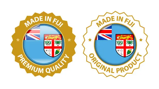 Vector illustration of Made in Fiji. Vector Premium Quality and Original Product Stamp. Glossy Icon with National Flag. Seal Template