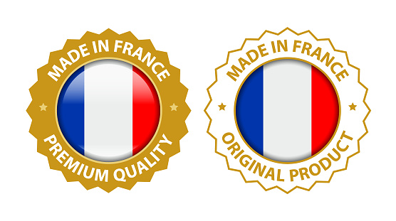 Made in France. Vector Premium Quality and Original Product Stamp. Glossy Icon with National Flag. Seal Template