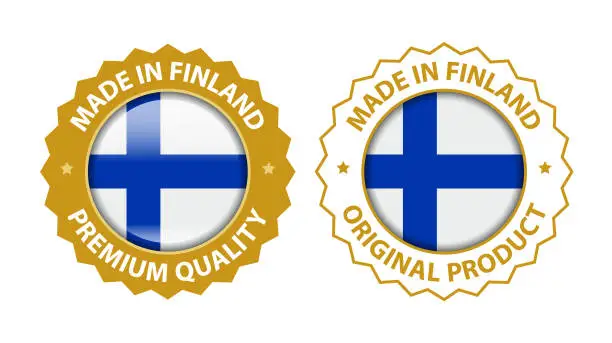 Vector illustration of Made in Finland. Vector Premium Quality and Original Product Stamp. Glossy Icon with National Flag. Seal Template